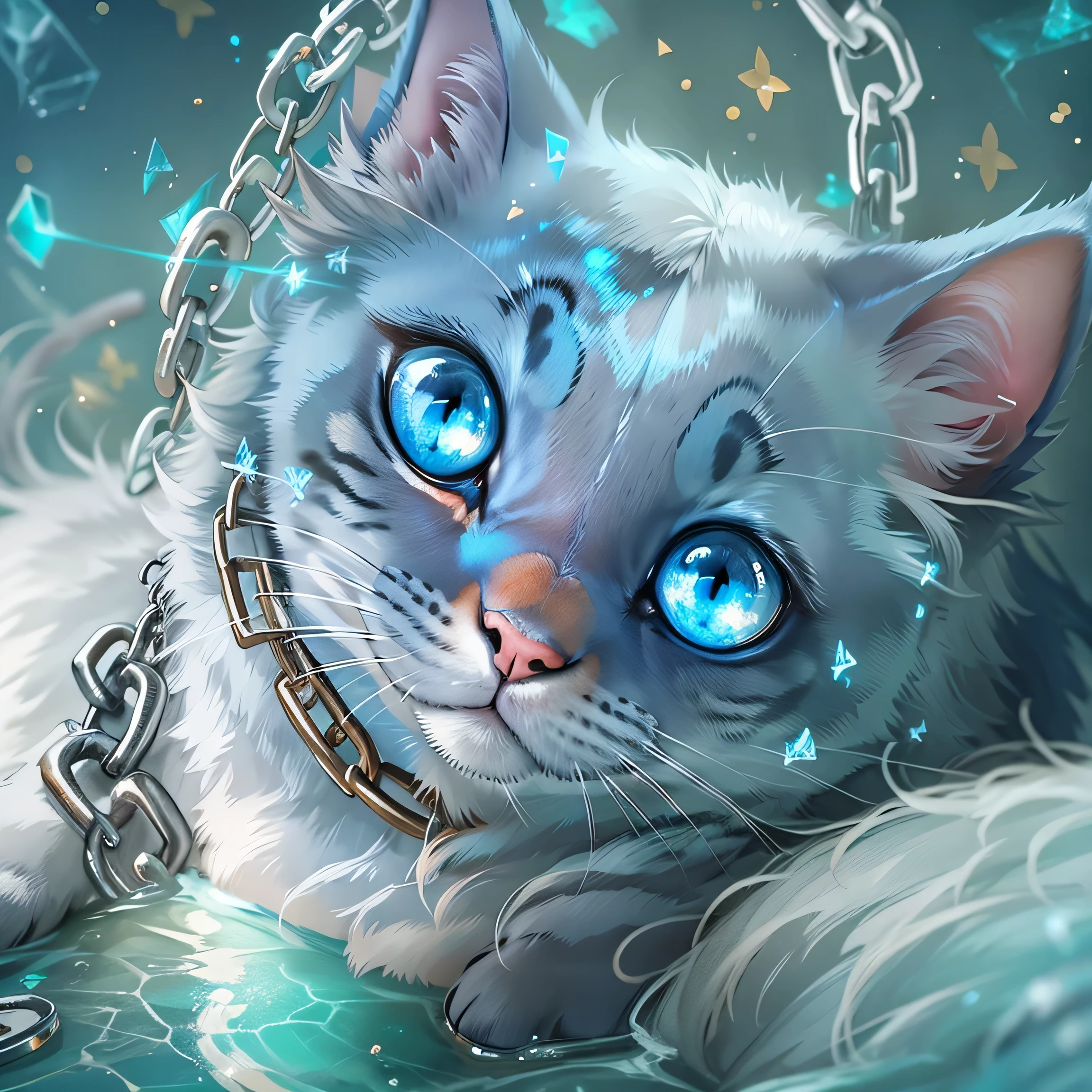파란 눈을 가진 고양이가 있고 목에 사슬이 감겨 있어요., 디지털 아트 by Galen Dara, CGSociety에서 인기, 디지털 아트, 파랗게 빛나는 눈, beautiful 빛나는 파란 눈, 파랗게 빛나는 눈, 반짝이는 파란 눈, 빛나는 파란 눈, 반짝이는 파란 눈, 파란색 반사 눈, 꿈의 동물의 귀여운 눈, 크리스탈 블루 눈, 얼음 파란 눈