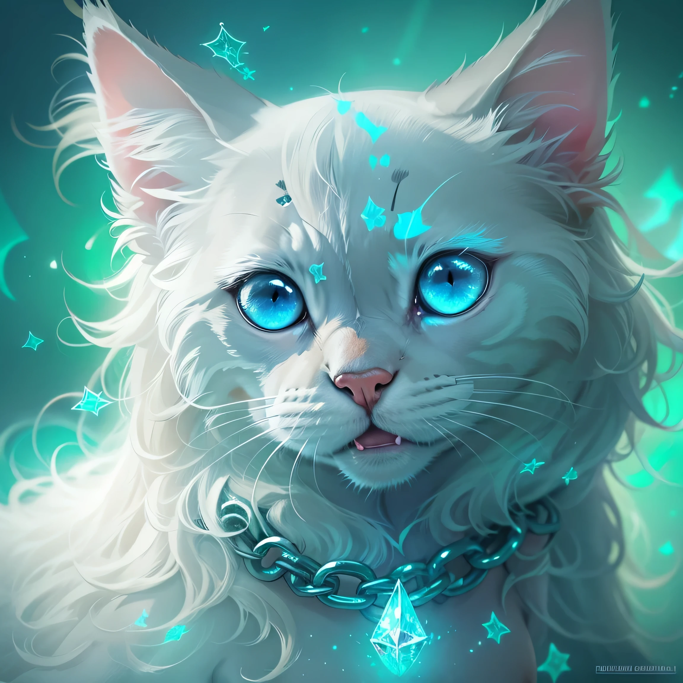 青い目をした首に鎖をつけた猫がいる., デジタルアート by Galen Dara, CGSociety で話題, デジタルアート, 青く輝く目, beautiful 輝く青い目, 青く輝く目, 輝く青い瞳, 輝く青い目, 輝く青い瞳, 青い反射の目, 夢の動物たちのかわいい目, クリスタルブルーアイズ, アイスブルーアイズ
