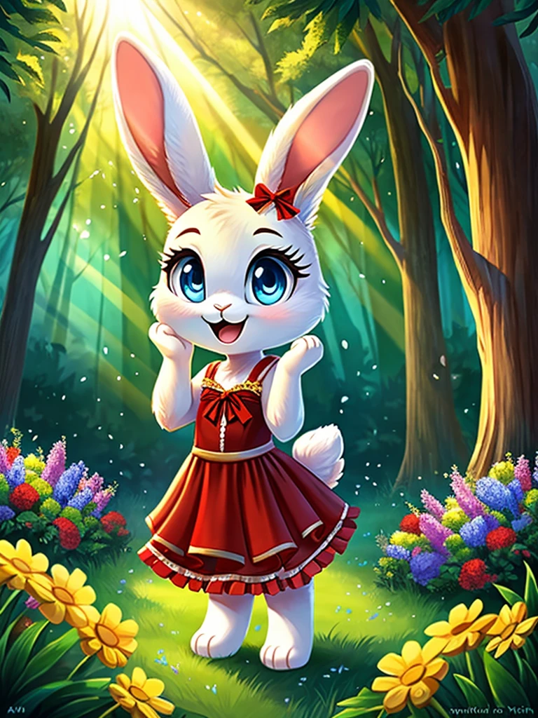 zoomed out image, ((solo character)), cute style art, fantasy style art, cute, adorable, short character, small, tiny little fluffy female white bunny with blue eyes, 4 ears, 2 extra ears, big floppy ears, long ears, ears perked up, raised ears, long eyelashes, poofy rabbit tail, wearing a red frilly ribbon dress, smiling, standing in a thick green forest, realistic forest, soft tones, big expressive smile, open mouth, wide eyes, excited eyes, excited face, looking at the scenery, looking at the trees in wonder, exploring happily, stunning visuals, sunlight coming through the trees, flowers scattered in the bushes, butterflies in the air, digital illustration