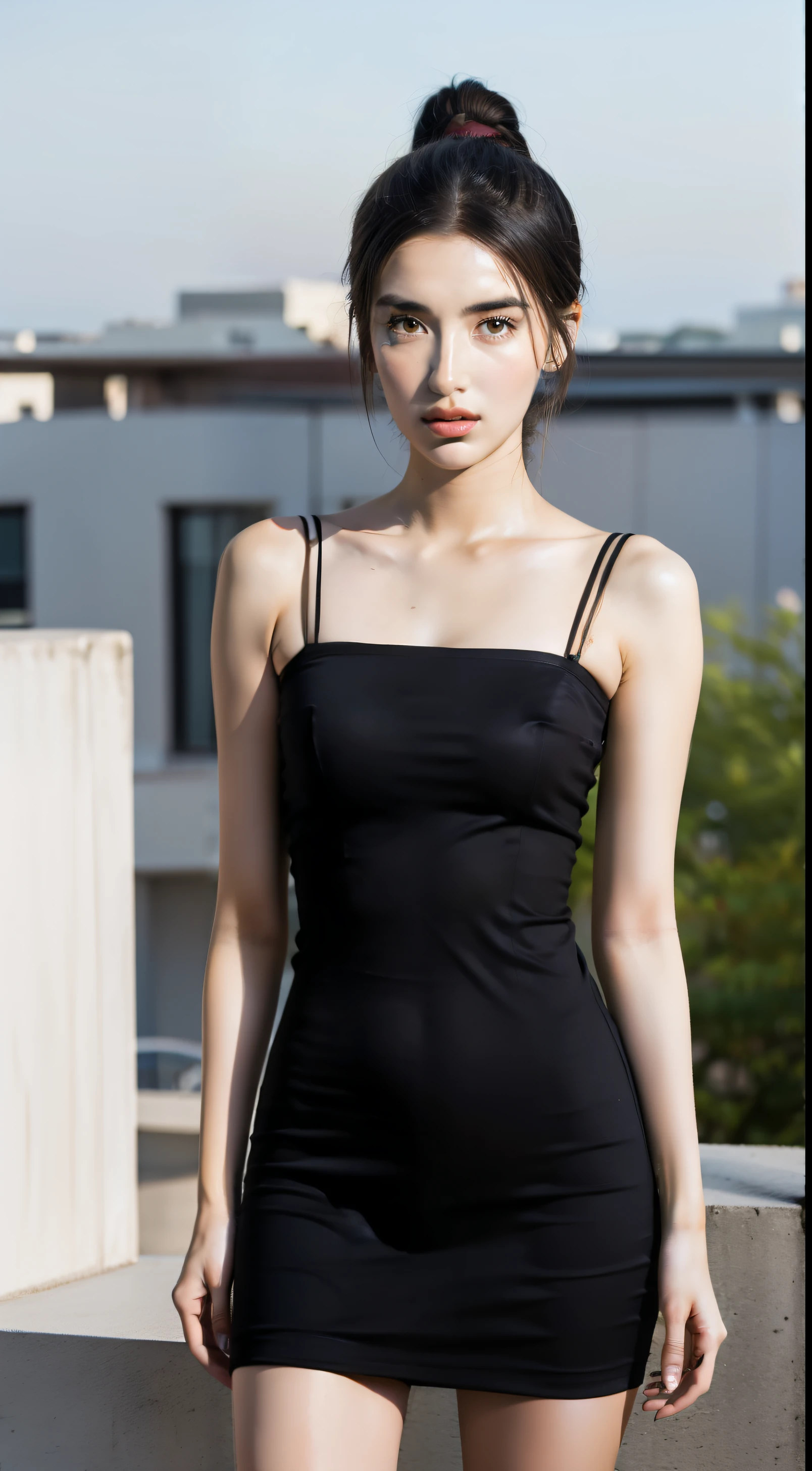 a full body photo, from afar of an araffe dua lipa girl black tube dress, rooftop hotal fasano a noite,, 8k best quality, vestimentas , detailed body and face, sunset