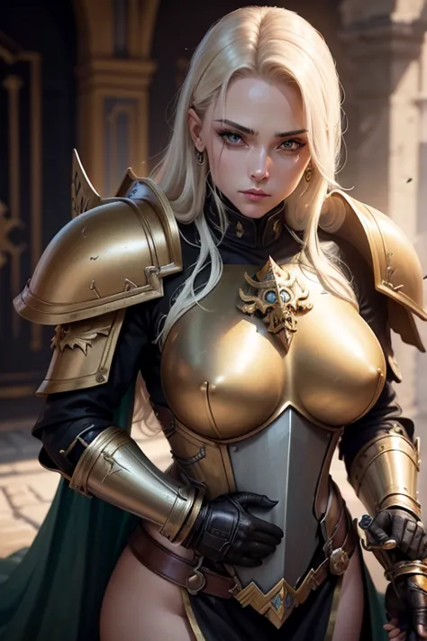 Warhammer 40k, female with custode armor, custode armor, sexy, severe eyes, full armor, combat position, grim-dark, future, gold...