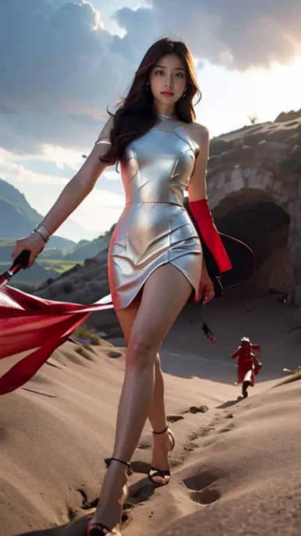 Woman in red silver dress, ((run)), Escape the monsters, Immersive art station, ศิลปะFantasyที่มีรายละเอียด, Amazing character a...