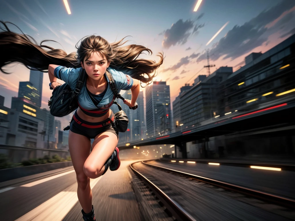 (best quality,4k,highres,masterpiece:1.2),ultra-detailed,(realistic,photorealistic,photo-realistic:1.37),a girl running on the roof of a speeding train with ((motion blur effect)), [train], [speed], [roof], long hair flowing in the wind, [blurred background], [adventure], [excitement], [dynamic], [vibrant colors], [sunset lighting], [rush], [freedom], [passion], [fast-paced], [daring], [fearless], [dreamy], [thrilling], [fantastic], [action-packed]