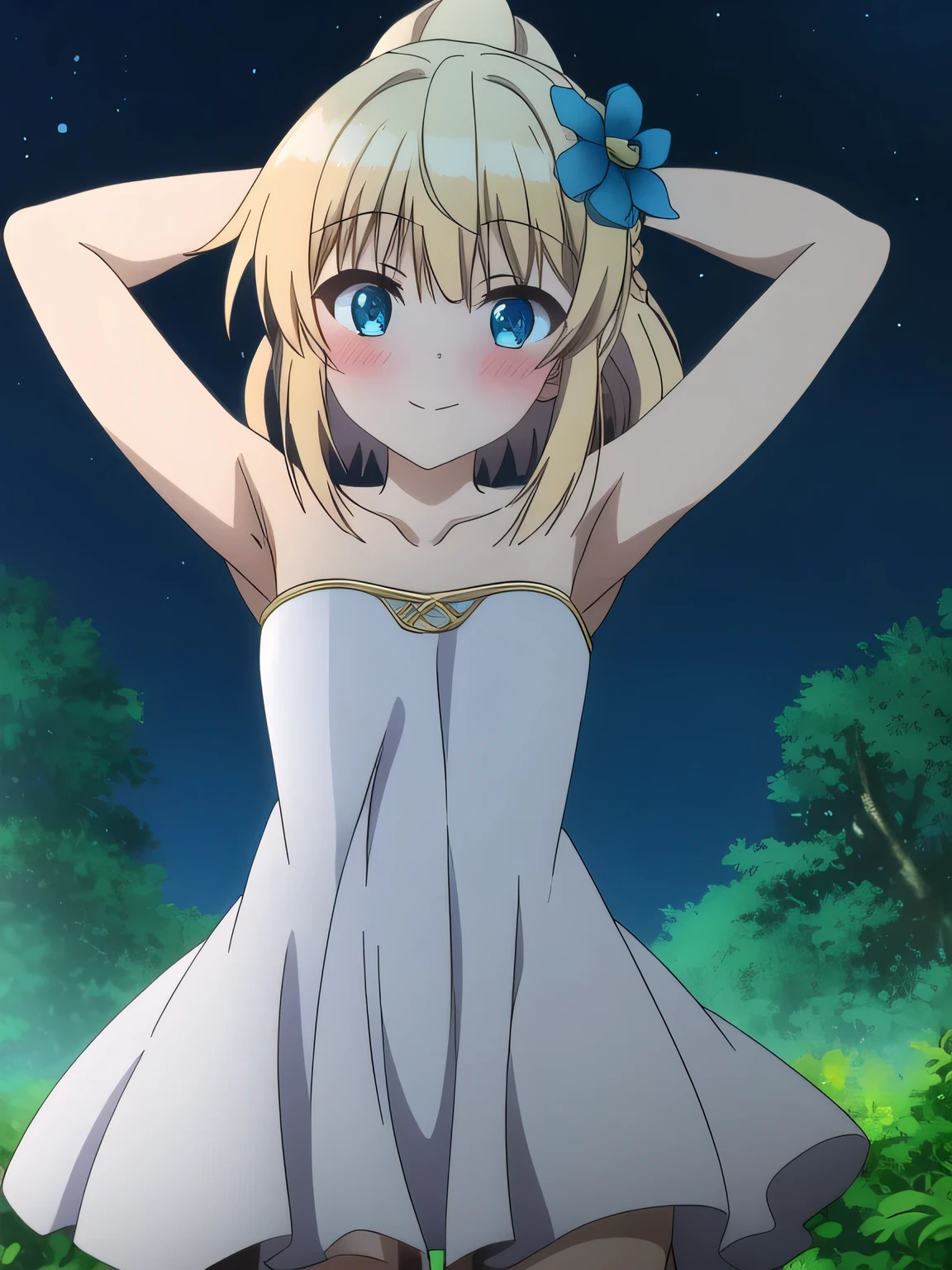 sora, anime art style, 1girl, solo, blush, bangs, blue_eyes, blonde_hair, hair_ornament, dress, bare_shoulders, collarbone, shy, ponytail, braid, flower, blushing, hair_flower, white_dress, blue_flower, solo, night sky, forest, arms behind head, looking at viewer, contrapposto, spread armpits, closed mouth, smile, (cowboy shot:1.5)