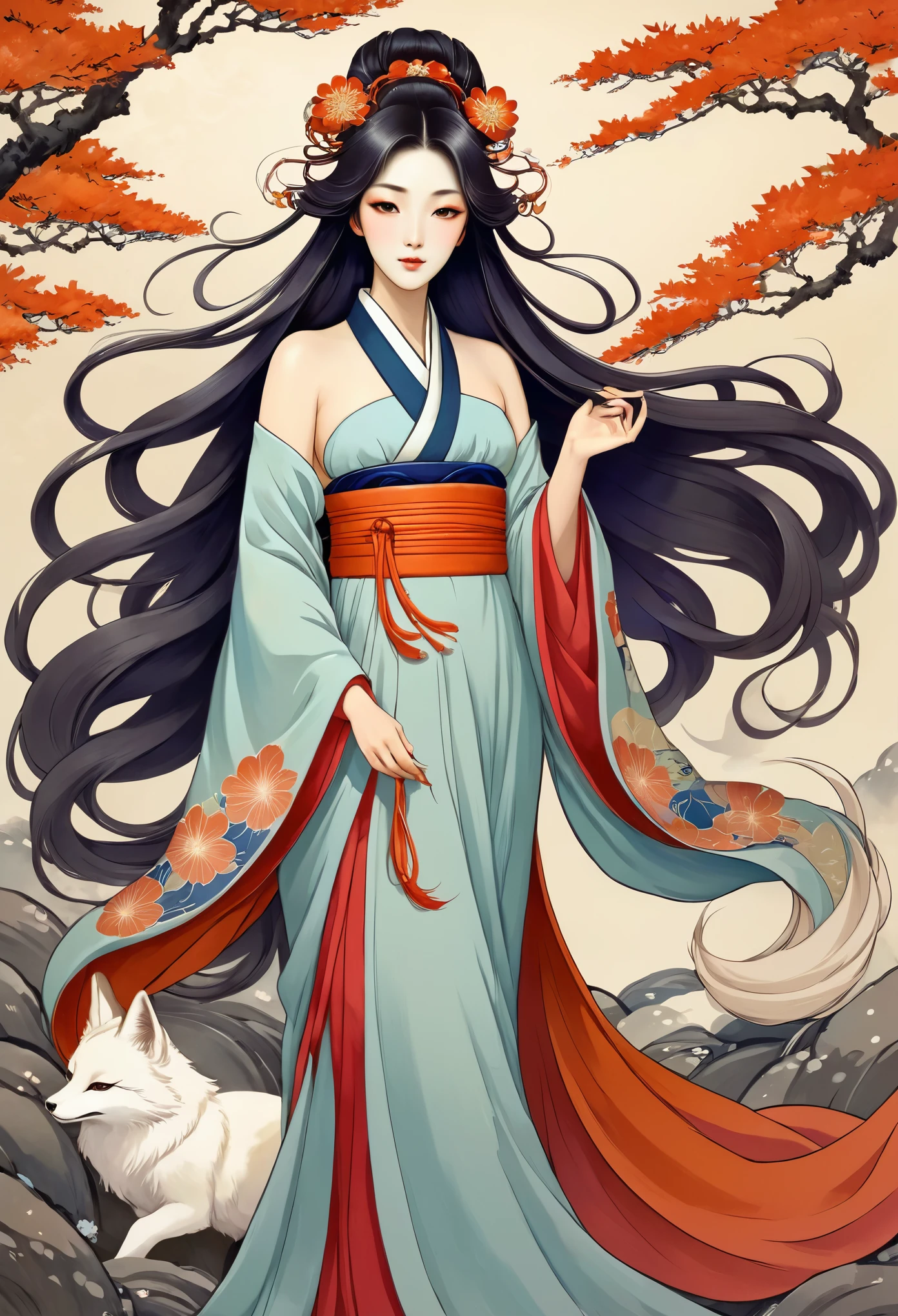 a painting of a woman with long hair and a flower in her hand, korean art nouveau anime, japanese goddess, flowing hair and long robes, anime fantasy illustration, inspired by Sōami, akira from chinese mythology, japanese art style, a beautiful kitsune woman, inspired by Nōami, inspired by Tsukioka Yoshitoshi, autumnal empress