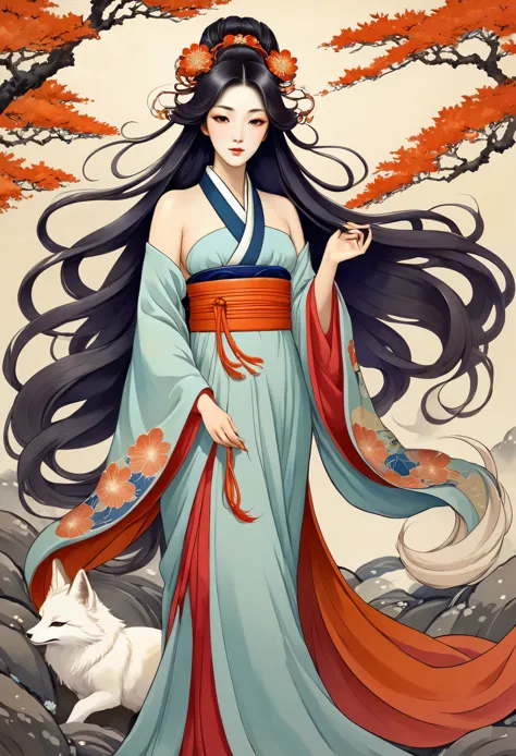 a painting of a woman with long hair and a flower in her hand, korean art nouveau anime, japanese goddess, flowing hair and long...