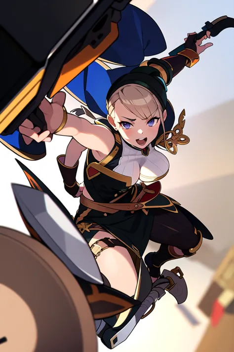 masterpiece, best quality, 1girl, solo, holding axe, ((blurry background)), white background, high fantasy outfits, combat,