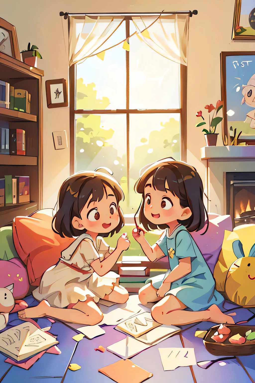 Two sisters, clad in frilly dresses and bare feet, play contentedly with colorful toys scattered across the tiled floor of their cozy home. The sun filters in through the open window, casting a warm glow over the scene. In the background, a welcoming living room comes into view, filled with familiar pieces: a plush sofa, a bookshelf lined with children's books, and a family photo displayed proudly on the mantel. Together, their laughter fills the room, capturing the simple joys of childhood. (Full body view, HD, best quality)
