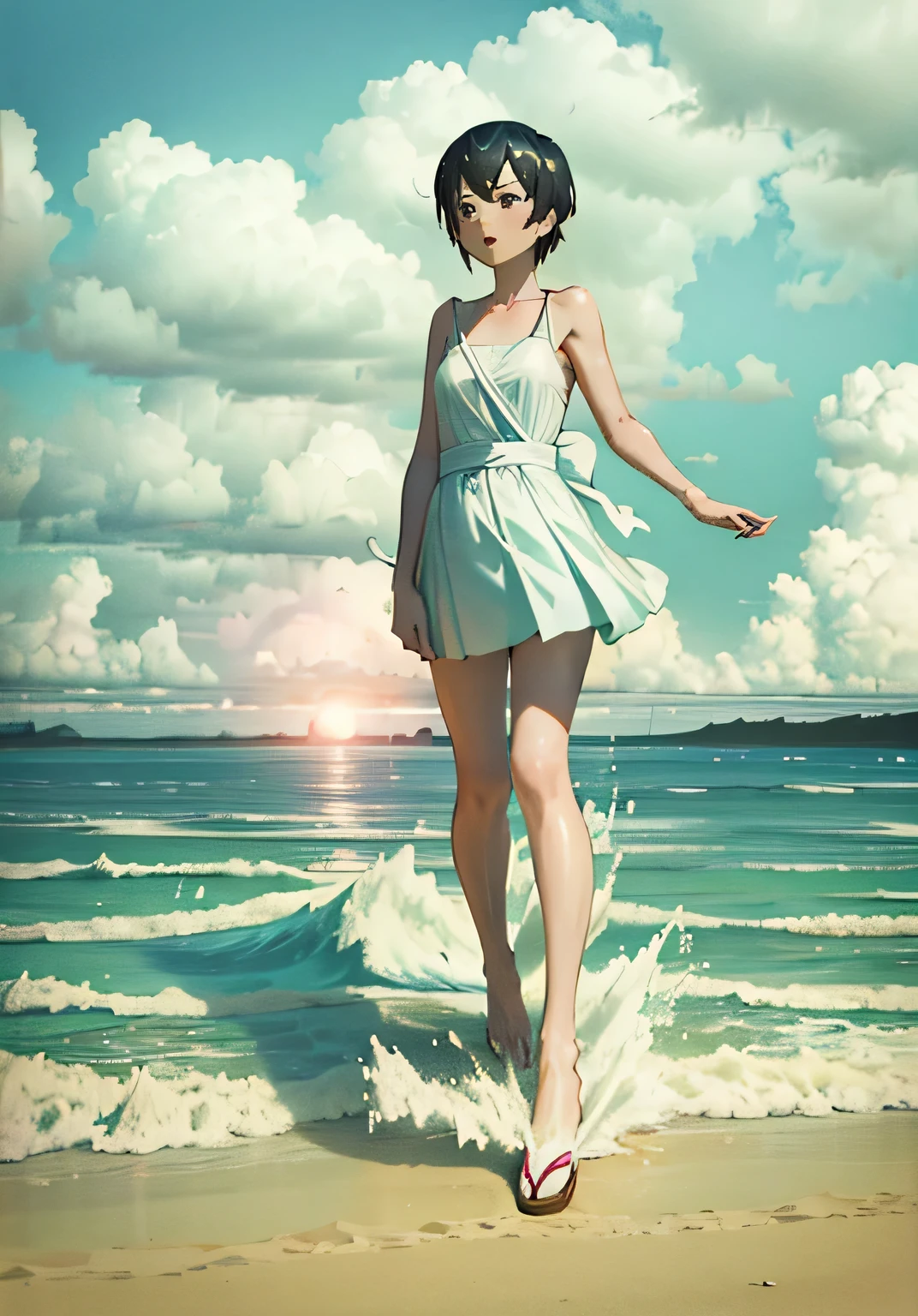  Japanese cartoons andando na praia em um vestido branco, Anime girl walking on water, ( ( Shinkai Makoto ) ), Blue Sea. por Shinkai Makoto, Shinkai Makoto!!, Shinkai Makoto!, Estilo de Shinkai Makoto, Japanese cartoons. por Shinkai Makoto, stormy weather. Shinkai Makoto, cute anime