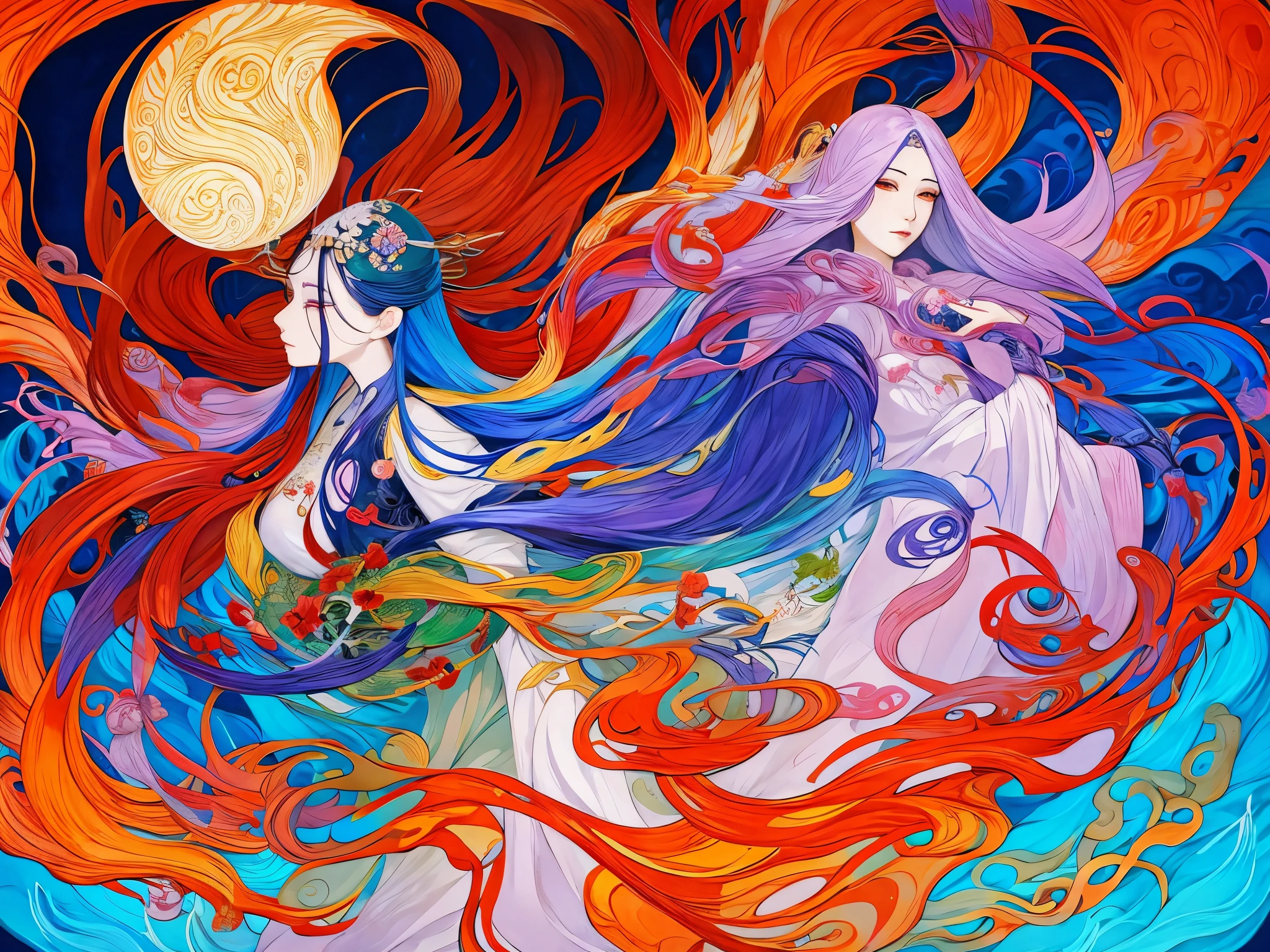 a painting of a woman with long hair and a flower in her hand, korean art nouveau anime, japanese goddess, flowing hair and long robes, anime fantasy illustration, inspired by Sōami, akira from chinese mythology, japanese art style, a beautiful kitsune woman, inspired by Nōami, inspired by Tsukioka Yoshitoshi, autumnal empress