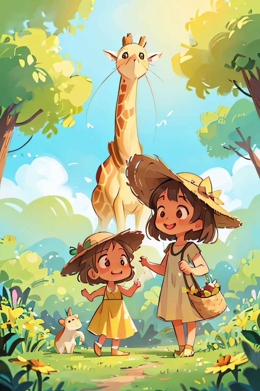 Two elegant sisters, their radiant smiles beaming, pose gracefully next to a majestic giraffe in a serene savannah setting. The older sister, with wavy chestnut curls cascading down her shoulders, wears a chic sun hat and a flowing blue maxi dress. Her younger sister, with silky straight blonde hair, complements her outfit with a sunny yellow sundress and matching sun hat. The giraffe, with its long neck stretching towards the siblings, gazes down at them with gentle curiosity, its large brown eyes twinkling with intelligence. The sisters' laughter rings in the air as they snap photo after photo, their joyful energy evident in each captured
