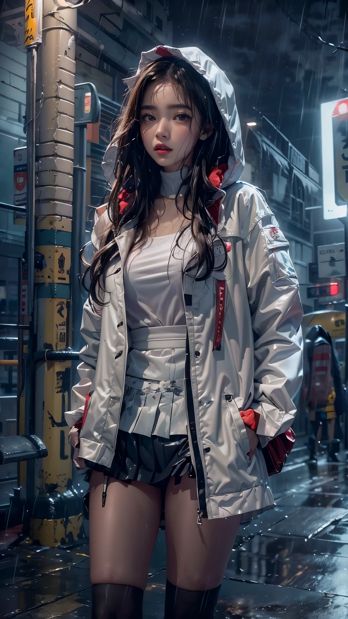 ((8K，tmasterpiece，Best quality at best，hyper-detailing，realistically))，Extremely detailed face，Movie Lighting，Movie Lighting，Ray traching，unlit hair， on a cloudy street，Corner store，Bus stop，Torrential rain and heavy rain，Girl with long black hair and black eyes.。(She was wearing a red fur-trimmed hooded jacket，White color blouse，Short black skirt and black garter belt，Clothes soaked by rain，Black exposure，outdoor depth tent ），Cinema lens lighting