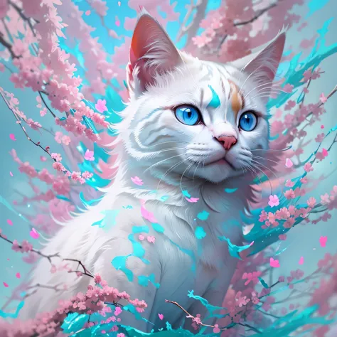 there is a white Cat with pink and blue paint on it's face, Blue and pink color splash, Pink and blue colors, blue and pink colo...