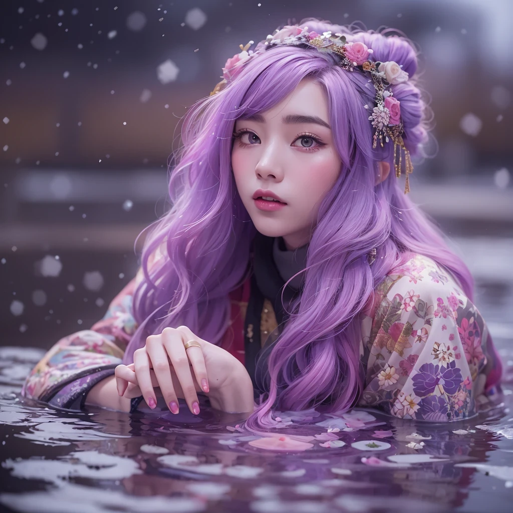 Snow hoop exclusion area 32K（tmasterpiece，k hd，hyper HD，32K）Long flowing purple-pink hair，Autumn Pond，zydink， a color， Tongzhou people （Girl with glowing eyes）， （Thin silk scarf）， Side squat position， looking at the ground， long whitr hair， Floating hair， Python headdress， Chinese long-sleeved clothing， （abstract ink splash：1.2）， white backgrounid，Lotus protector（realisticlying：1.4），Purple-pink hair，Snowflakes fluttering，The background is pure， A high resolution， the detail， RAW photogr， Sharp Re， Nikon D850 Film Stock Photo by Jefferies Lee 4 Kodak Portra 400 Camera F1.6 shots, Rich colors, ultra-realistic vivid textures, Dramatic lighting, Unreal Engine Art Station Trend, cinestir 800，Long flowing purple-pink hair