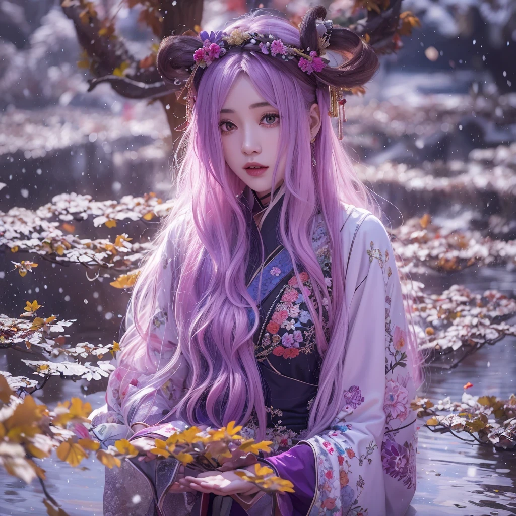 Snow hoop exclusion area 32K（tmasterpiece，k hd，hyper HD，32K）Long flowing purple-pink hair，Autumn Pond，zydink， a color， Tongzhou people （Girl with glowing eyes）， （Thin silk scarf）， Side squat position， looking at the ground， long whitr hair， Floating hair， Python headdress， Chinese long-sleeved clothing， （abstract ink splash：1.2）， white backgrounid，Lotus protector（realisticlying：1.4），Purple-pink hair，Snowflakes fluttering，The background is pure， A high resolution， the detail， RAW photogr， Sharp Re， Nikon D850 Film Stock Photo by Jefferies Lee 4 Kodak Portra 400 Camera F1.6 shots, Rich colors, ultra-realistic vivid textures, Dramatic lighting, Unreal Engine Art Station Trend, cinestir 800，Long flowing purple-pink hair