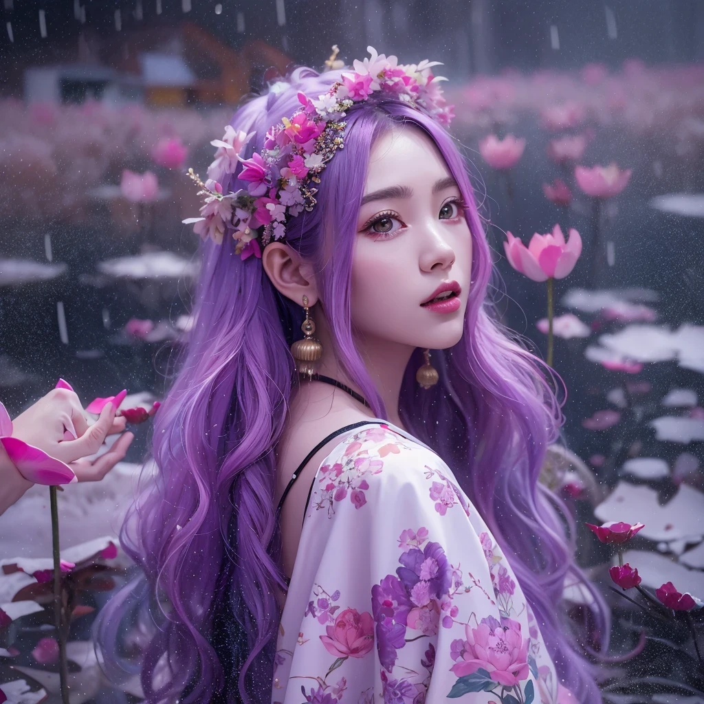 Snow hoop exclusion area 32K（tmasterpiece，k hd，hyper HD，32K）Long flowing purple-pink hair，Autumn Pond，zydink， a color， Tongzhou people （Girl with glowing eyes）， （Thin silk scarf）， Side squat position， looking at the ground， long whitr hair， Floating hair， Python headdress， Chinese long-sleeved clothing， （abstract ink splash：1.2）， white backgrounid，Lotus protector（realisticlying：1.4），Purple-pink hair，Snowflakes fluttering，The background is pure， A high resolution， the detail， RAW photogr， Sharp Re， Nikon D850 Film Stock Photo by Jefferies Lee 4 Kodak Portra 400 Camera F1.6 shots, Rich colors, ultra-realistic vivid textures, Dramatic lighting, Unreal Engine Art Station Trend, cinestir 800，Long flowing purple-pink hair