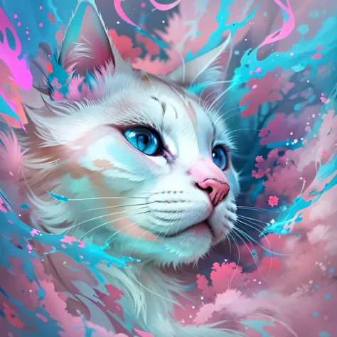 there is a white Cat with pink and blue paint on it's face, Blue and pink color splash, Pink and blue colors, blue and pink colo...