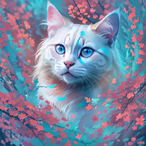 there is a white Cat with pink and blue paint on it's face, Vector art:David Rubin, Shutterstock, fur art, Blue and pink color s...