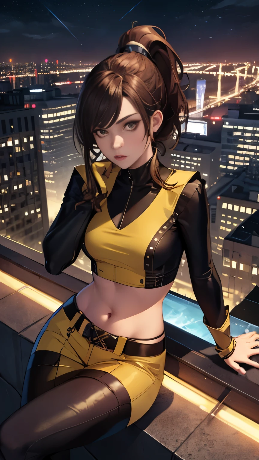 (Highly quality, masterpiece, detailed), night city detailed scenario, night city detailed background, 20 years old girl, solo, ktpryde, brown eyes, brown hair, ponytail, crop top, sleeves, sitting on top of a building, navel, perfect face, beautiful eyes, looking at the viewer, Sexy pose