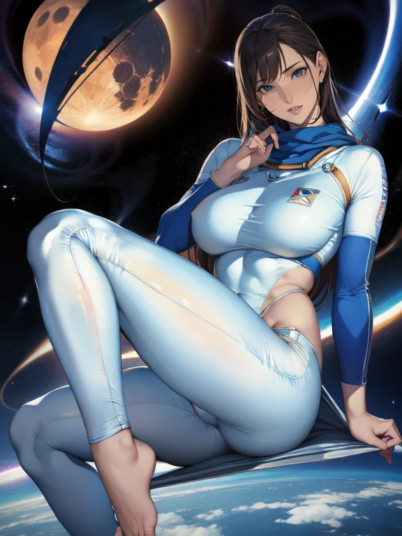 highest quality, High resolution, Clear image, Concept Art, Night Sky, performer, moon, girl, smile, hair, eye, mouth, hand, feet, clothing, jeans, T-Shirts, scarf, Have, space, spaceship, spacesuit, astronaut, planet, Milky Way, beautiful, cute, comfortable, nature, dream-like, relaxed, Shine, Lovely