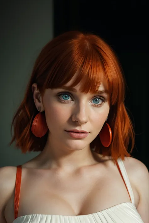 A realistic full body of a 20-year-old, bryce dallas howard, readhead woman with short chanel orange hair and side bangs. white ...