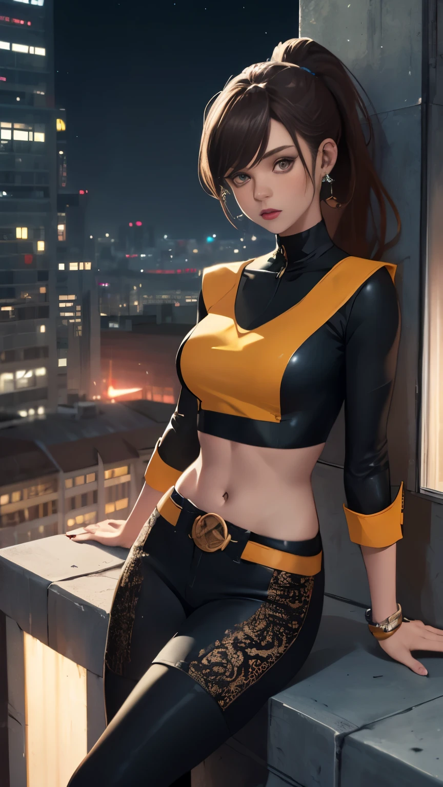 (Highly quality, masterpiece, detailed), night city detailed scenario, night city detailed background, 20 years old girl, solo, ktpryde, brown eyes, brown hair, ponytail, crop top, sleeves, sitting on top of a building, navel, perfect face, beautiful eyes, looking at the viewer, Sexy pose