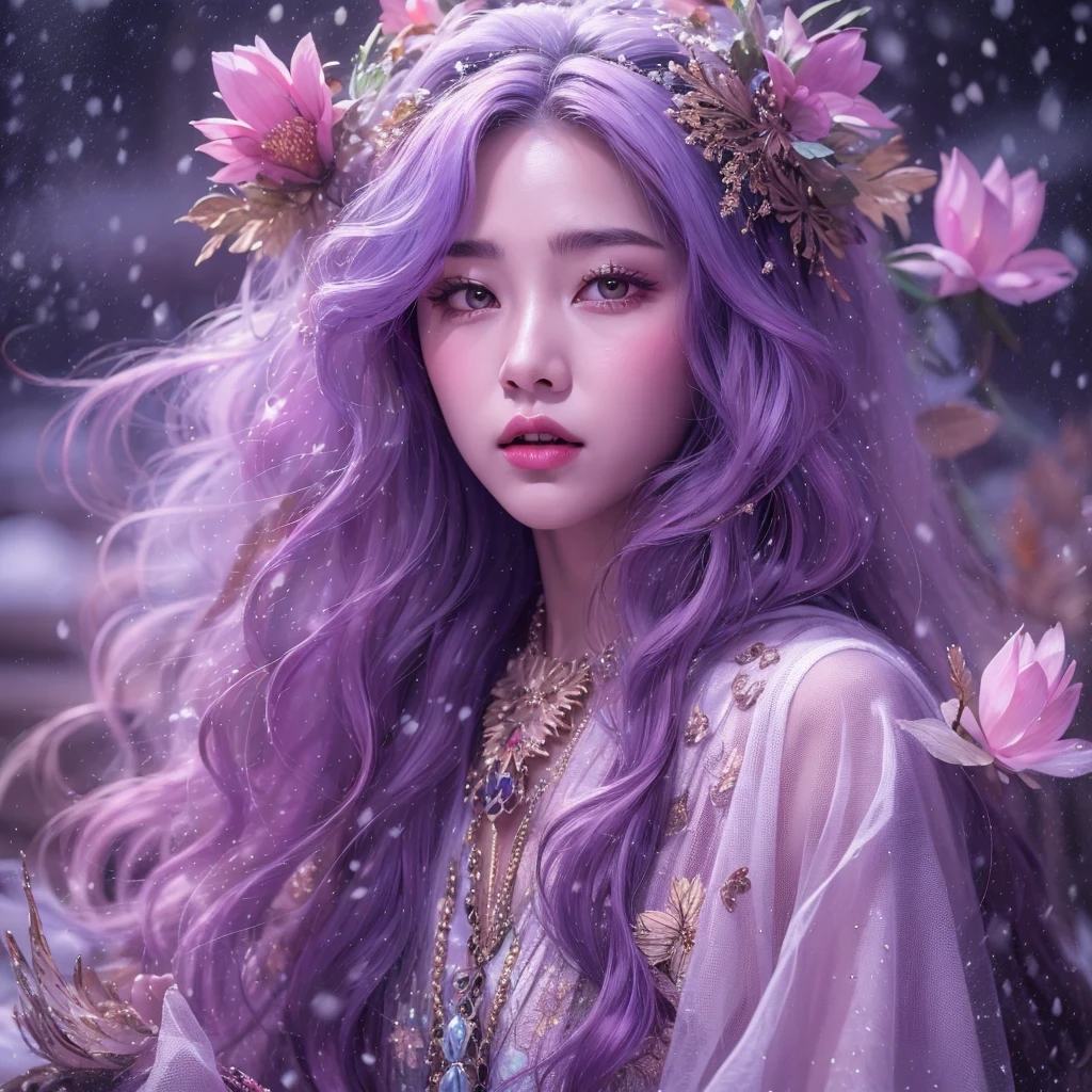 （（（Single eyelid）））Snow hoop exclusion area 32K（tmasterpiece，k hd，hyper HD，32K）Long flowing purple-pink hair，Autumn Pond，zydink， a color， Tongzhou people （Girl with glowing eyes）， （Thin silk scarf）， Side squat position， looking at the ground， long whitr hair， Floating hair， Python headdress， Chinese long-sleeved clothing， （abstract ink splash：1.2）， white backgrounid，Lotus protector（realisticlying：1.4），Purple-pink hair，Snowflakes fluttering，The background is pure， A high resolution， the detail， RAW photogr， Sharp Re， Nikon D850 Film Stock Photo by Jefferies Lee 4 Kodak Portra 400 Camera F1.6 shots, Rich colors, ultra-realistic vivid textures, Dramatic lighting, Unreal Engine Art Station Trend, cinestir 800，Long flowing purple-pink hair，((masterpiece)). This artwork is sweet, dreamy and ethereal, with soft pink watercolor hues and candy accents. Generate a delicate and demure fae exploring a (bubblegum world with a wide variety of pastel shades). Her sweet face is extremely detailed and realistic with elegant features and a fierce expression, and looks like ((((naomi scott)))). Include mature features and stunning, highly realistic eyes. Her eyes are important and should be realistic, highly detailed, and beautiful. In high definition and detail, include lots of details like stars, galaxies, colorful bubbles, colorful petals, and lots of energy and emotion! The stars and colorful bubblegum bubbles are important! Include fantasy details, enhanced details, iridescence, colorful glittering wind, and pollen. Pay special attention to her face and make sure it is beautifully and realistically detailed. The image should be dreamy and ethereal.8k, intricate, elegant, highly detailed, majestic, digital photography