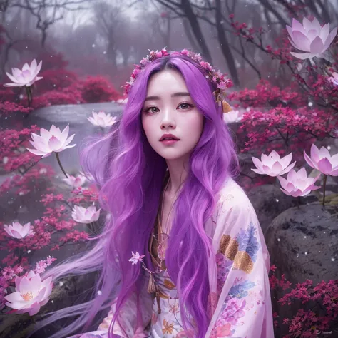 Snow hoop exclusion area 32K（tmasterpiece，k hd，hyper HD，32K）Long flowing purple-pink hair，Autumn Pond，zydink， a color， Tongzhou ...