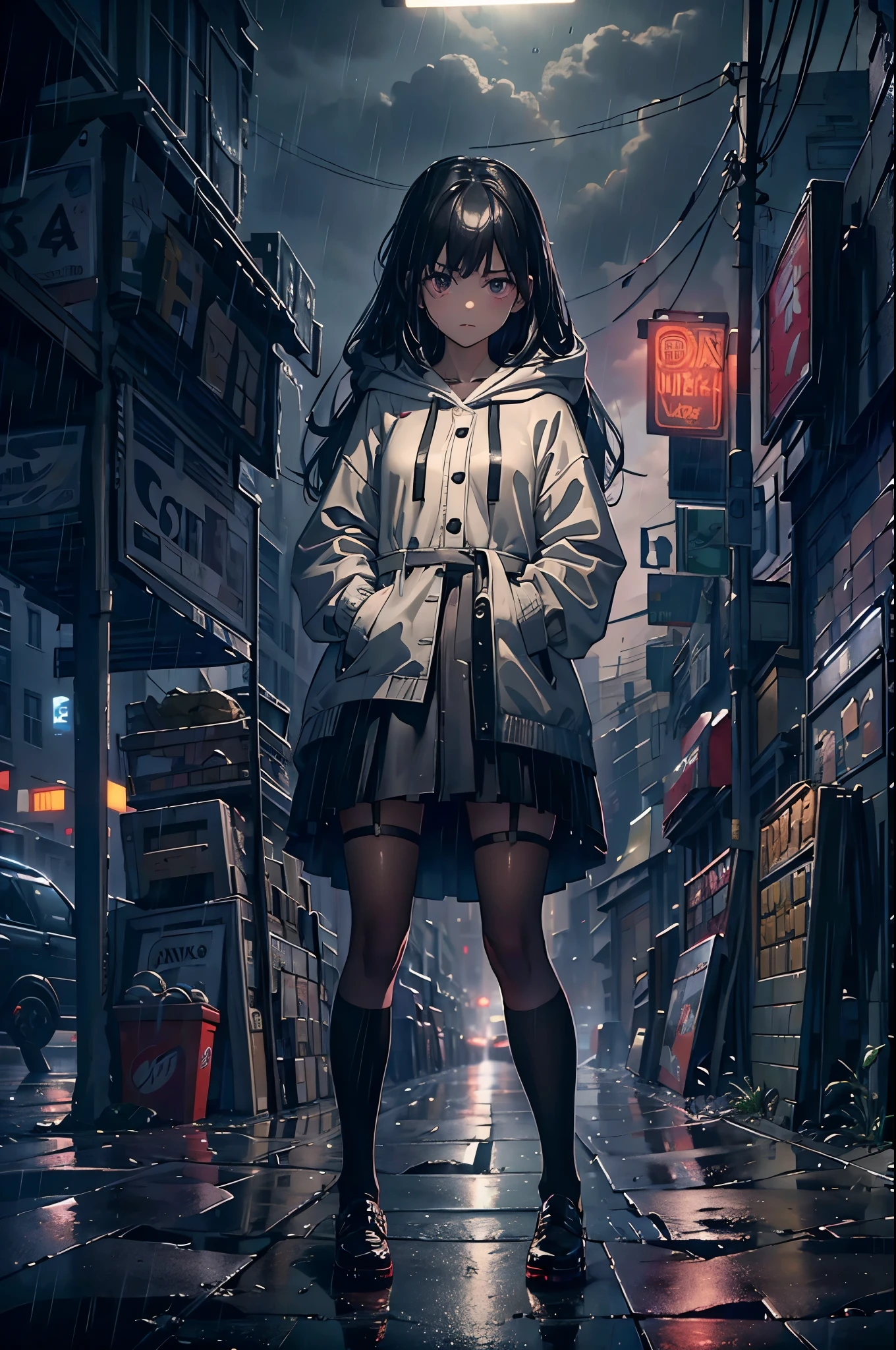 8K，tmasterpiece，Best quality，hyper-detailing，realistically，Extremely detailed face，movie lighting，ray traycing，unlit hair，
On cloudy streets，Corner store，foggy and heavy rain，A black man with long hair and black eyes，girl standing in the middle of the road，She was wearing a black convertible hooded jacket，White color blouse，Short black skirt and black garter belt，student shoes，Clothes soaked by rain，depth of fieldtent ），Cinema lens lighting，