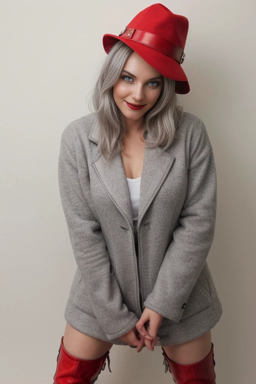 Full body portrait of A young woman with piercing yellow eyes, a sleek gray coat, and a sly predatory smile. She wears a wide-brimmed red hat, silver hair tumbling down, and (((tall red boots))). Her eyes are accentuated with smokey eye makeup. This striking image is a mesmerizing painting that captures the mysterious allure of the woman's predatory features. Every detail is skillfully rendered, from the intensity of her gaze to the subtle hint of danger in her smile. The high quality of this image immerses viewers in a world where beauty and ferocity coexist.