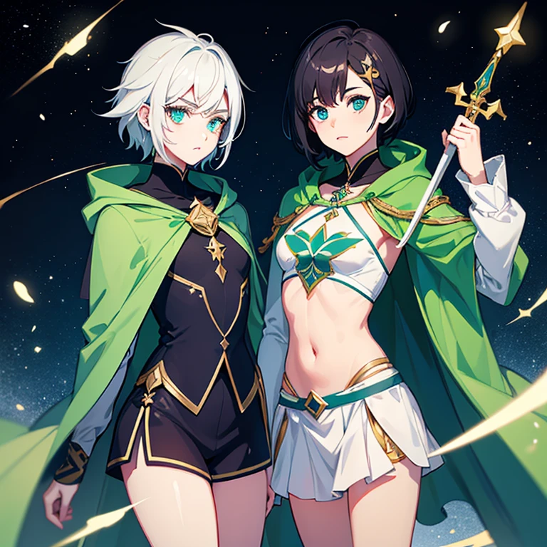 Create a broken hero, with short black hair, olhos amarelos com uma estrela dourada neles, your gender is feminine, ela transmite uma tristeza profunda, wears a green cloak with hoods and a white thermal blouse,with dark navy blue shorts and navy blue tights,com uma espada de sangue 