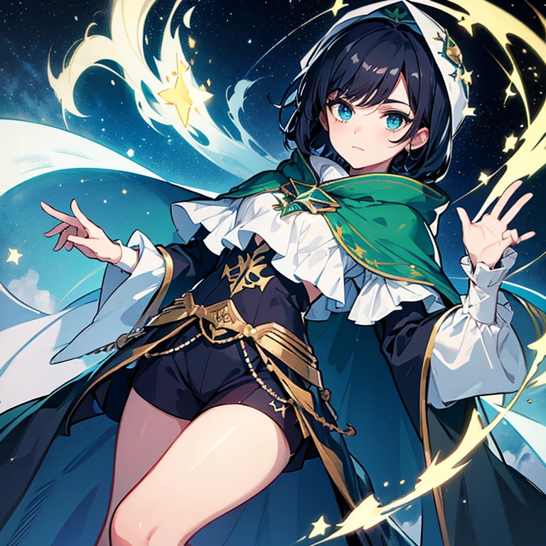 Create a broken hero, with short black hair, olhos amarelos com uma estrela dourada neles, your gender is feminine, ela transmite uma tristeza profunda, wears a green cloak with hoods and a white thermal blouse,with dark navy blue shorts and navy blue tights,com uma espada de sangue 