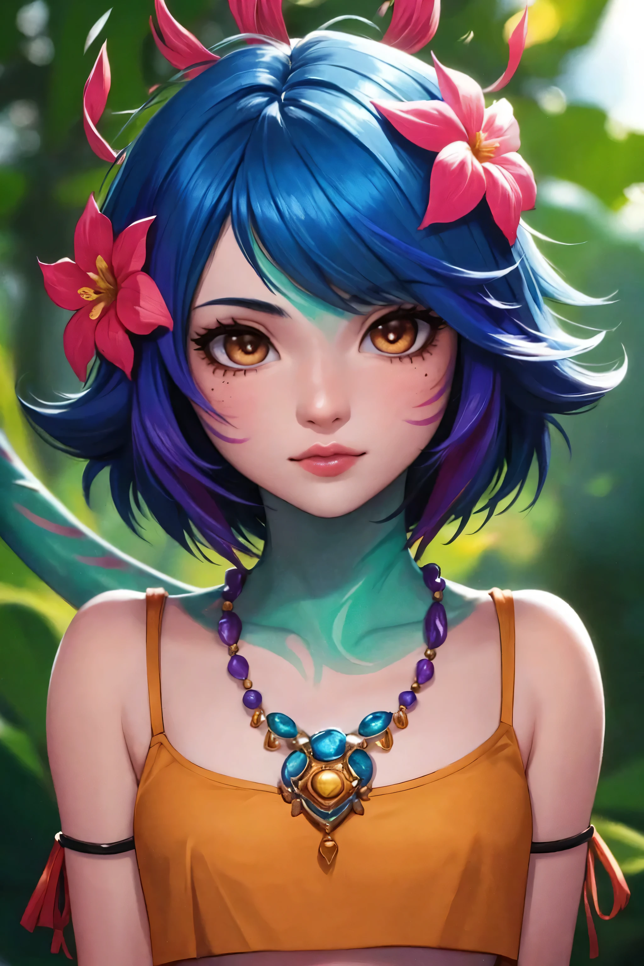 masterpiece,(best quality,top quality,8k),ultra detailed,illustration,painting,detailed eyes and face,(close_up),(1girl),neeko,facial marks, hair ornaments, hair flower, necklace,(brown short,crop top:1.2), lizard tail,(short hair:1.1), pretty girl, beauty skin, ultra high res, raw photo , detailed body , (looking at viewer ),(puffy eyes) ,good contrast , high sharpness,(gorgeous),realistic,RAW Photography,(hyperdetailed:1.2)