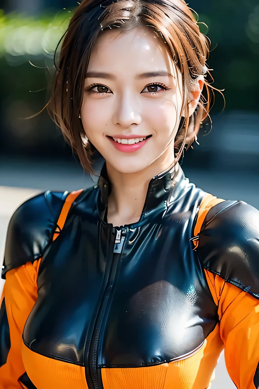 
(((Expressing happiness through facial expressions:1.3)),(Transparent and revealing clothing:1.3, ),(Cyberpunk cute soldier:1.3),(((Cyberpunk Suit))), Open jacket,（Rin on the seaside cliff々standing tall:1.3）,(((Colorful short hair with shiny light brown and orange stripes on the nape))),(((Disheveled Hair))),Perfect round face,Cute eyes,Cute Smile,A cheerful smile that makes the viewer happy,big breasts,Emphasize the chest,Perfect body curves,Beautiful clavicle、
Wet Hair,Wet Face,Wet body,Wet Skin,wet costume,
Detailed clothing features,Detailed hair features,Detailed facial features,Looking at the camera,(Dynamic angles),(Dynamic and sexy pose),Cinematic Light,(Mastepiece,highest quality,Ultra-high resolution output images,Depth of written boundary,Intricate details,Make the subject three-dimensional with the contrast of light and shadow,) ,Digital illustration,Single-lens reflex camera, (Photorealistic:1.3),(8k quality,Anatomically correct facial structure,),(SeaArt 2 Mode:1.3),(Image Mode Ultra HD,)