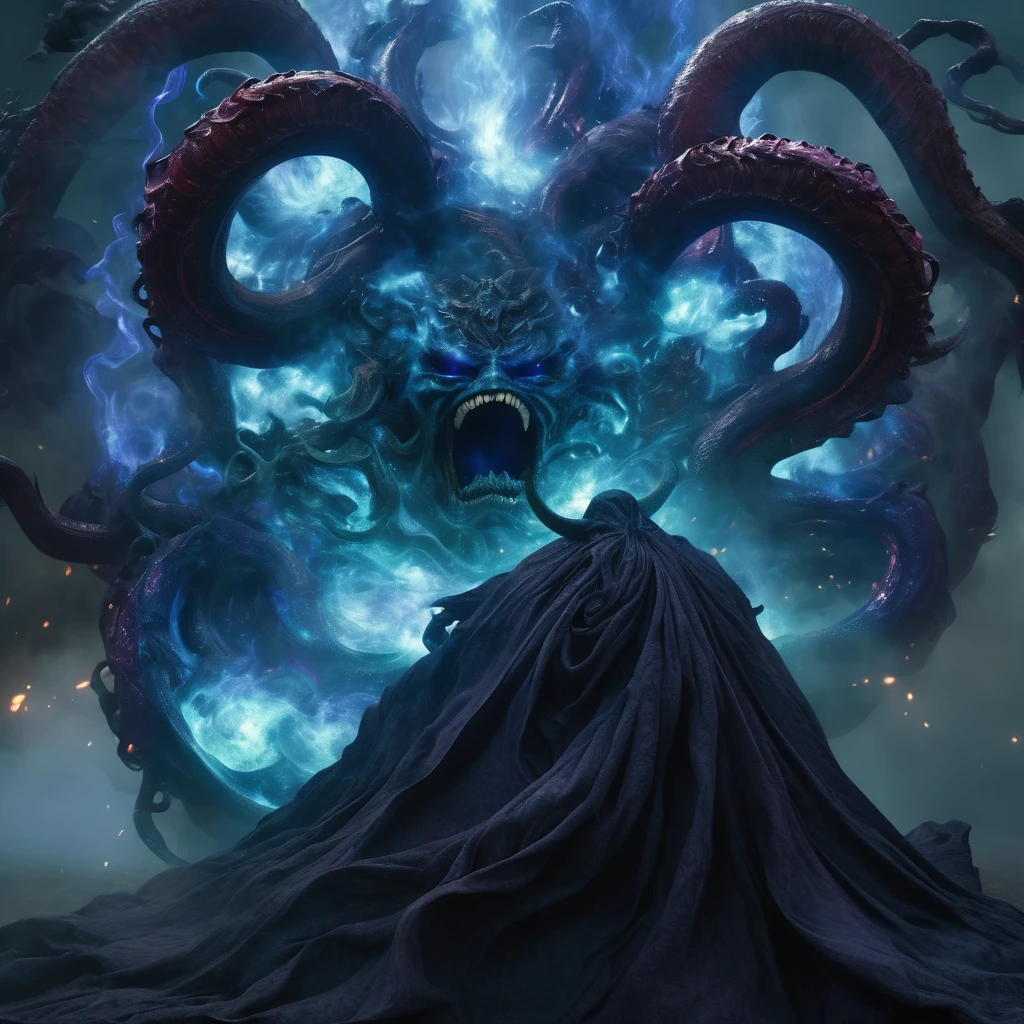 (best quality,4k,8k,height,Masterpiece:1.2),very detailed,(realistic,photorealistic,photo-realistic:1.37),A giant three-faced demon from another dimension was summoned from a magic circle., The horror of the universe, A deformed head with twisted tentacles and horns., Numerous large fangs, long sharp claws, Long tail, A terrifying figure clad in a blue flame robe., An overwhelming amount of violence that plunges the world into chaos., liberation of imagination, Break the limits, Creating a new world (amazingly powerful and realistic composition by Greg Rutkowski:1.2) (One of them was the face of the most beautiful woman in the universe.:1.5), (no:1.5), (There are organs on the head that resemble female external genitalia.:1.5)