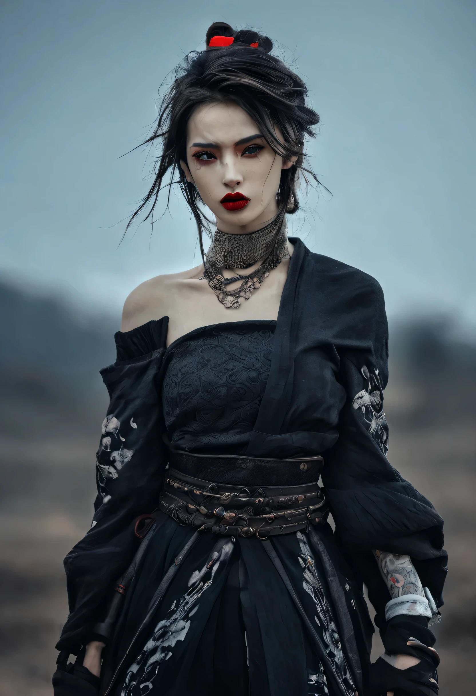 best quality, masterpiece, ultra high res, photorealistic, 1girl, offshoulder, a samurai girl half cyborg, gothic outfit, with tatto, red lip, full body, dynamic pose, gloomy battlefield background, dark fantasy, horror vibe. gogeous hairstyle, dreamy gothic girl