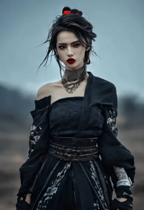 best quality, masterpiece, ultra high res, photorealistic, 1girl, offshoulder, a samurai girl half cyborg, gothic outfit, with t...