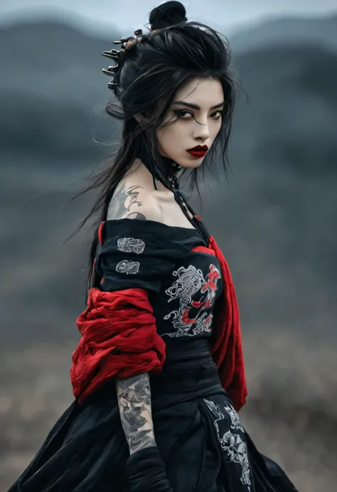 best quality, masterpiece, ultra high res, photorealistic, 1girl, offshoulder, a samurai girl half cyborg, gothic outfit, with t...