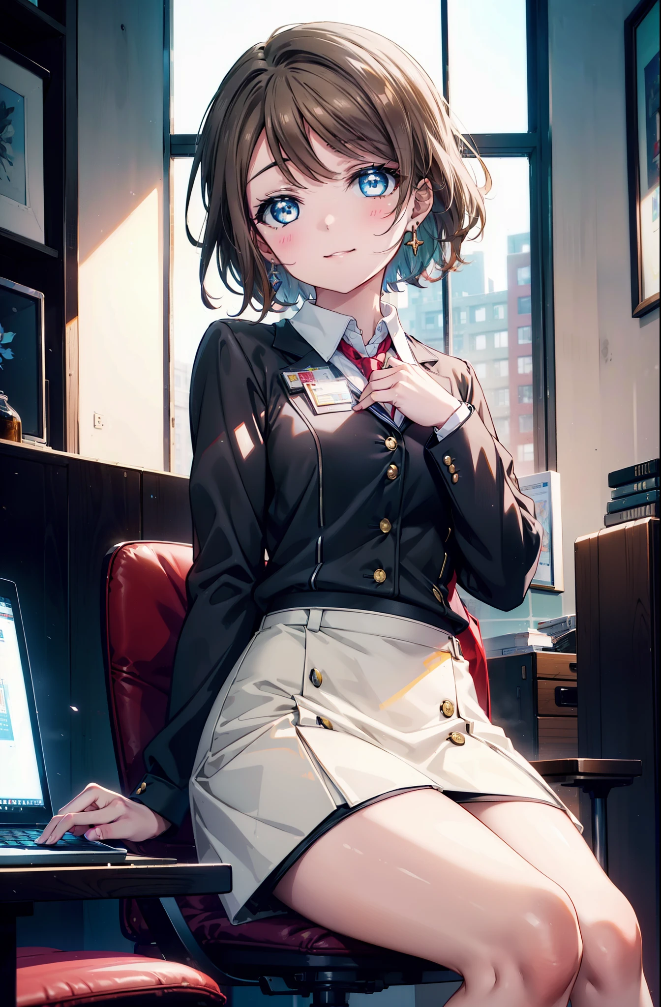 Yowatanabe, Mr.. watanabe, short hair, blue eyes, brown hair, smile, happy smile, smile, Open your mouth,OL, Red glasses, end, black suit jacket, collared jacket, White dress shirt, Collared shirt, neckline, button, strap, ID card on the neck, Black pencil skirt, Black Pantyhose, Stiletto heels,sitting cross-legged on a chair,There is a computer on the table,touch typing,hinterland,As if your whole body is in the illustration,Daytime,快晴
BREAK indoors, office,
BREAK looking at viewer, (Cowboy Shot:1.5),
BREAK (masterpiece:1.2), highest quality, High resolution, unity 8k wallpaper, (shape:0.8), (Fine and beautiful eyes:1.6), Highly detailed face, Perfect lighting, Highly detailed CG, (Perfect hands, Perfect Anatomy),