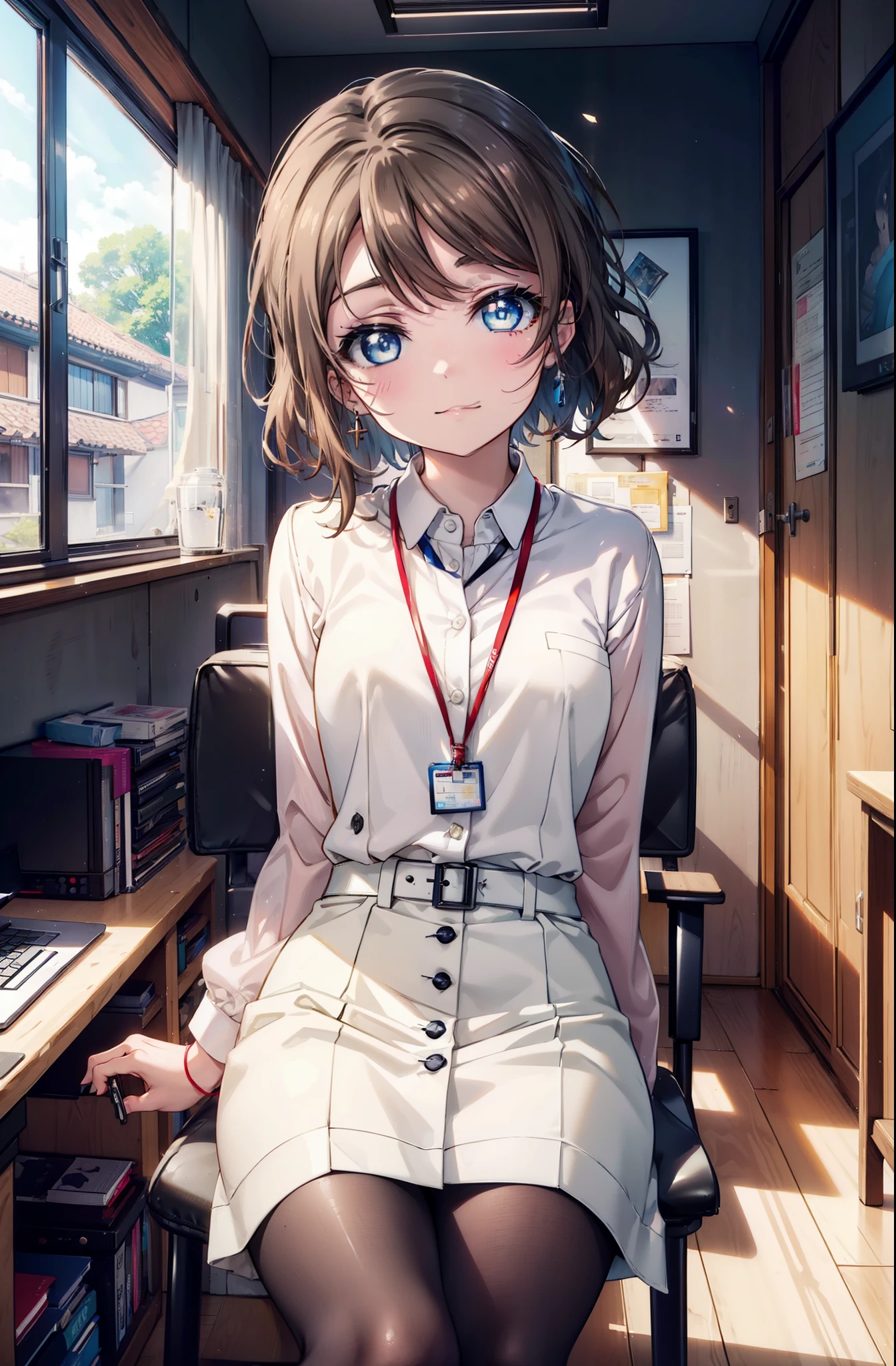 Yowatanabe, Mr.. Watanabe, short hair, blue eyes, brown hair, smile, happy smile, smile, Open your mouth,OL, Red glasses, end, black suit jacket, collared jacket, White dress shirt, Collared shirt, Neckline, button, strap, ID card on the neck, Black pencil skirt, Black Pantyhose, Stiletto heels,sitting cross-legged on a chair,There is a computer on the table,touch typing,interior,As if your whole body is in the illustration,Daytime,快晴
break indoors, office,
break looking at viewer, (Cowboy Shot:1.5),
break (masterpiece:1.2), highest quality, High resolution, unity 8k wallpaper, (shape:0.8), (Fine and beautiful eyes:1.6), Highly detailed face, Perfect lighting, Highly detailed CG, (Perfect hands, Perfect Anatomy),