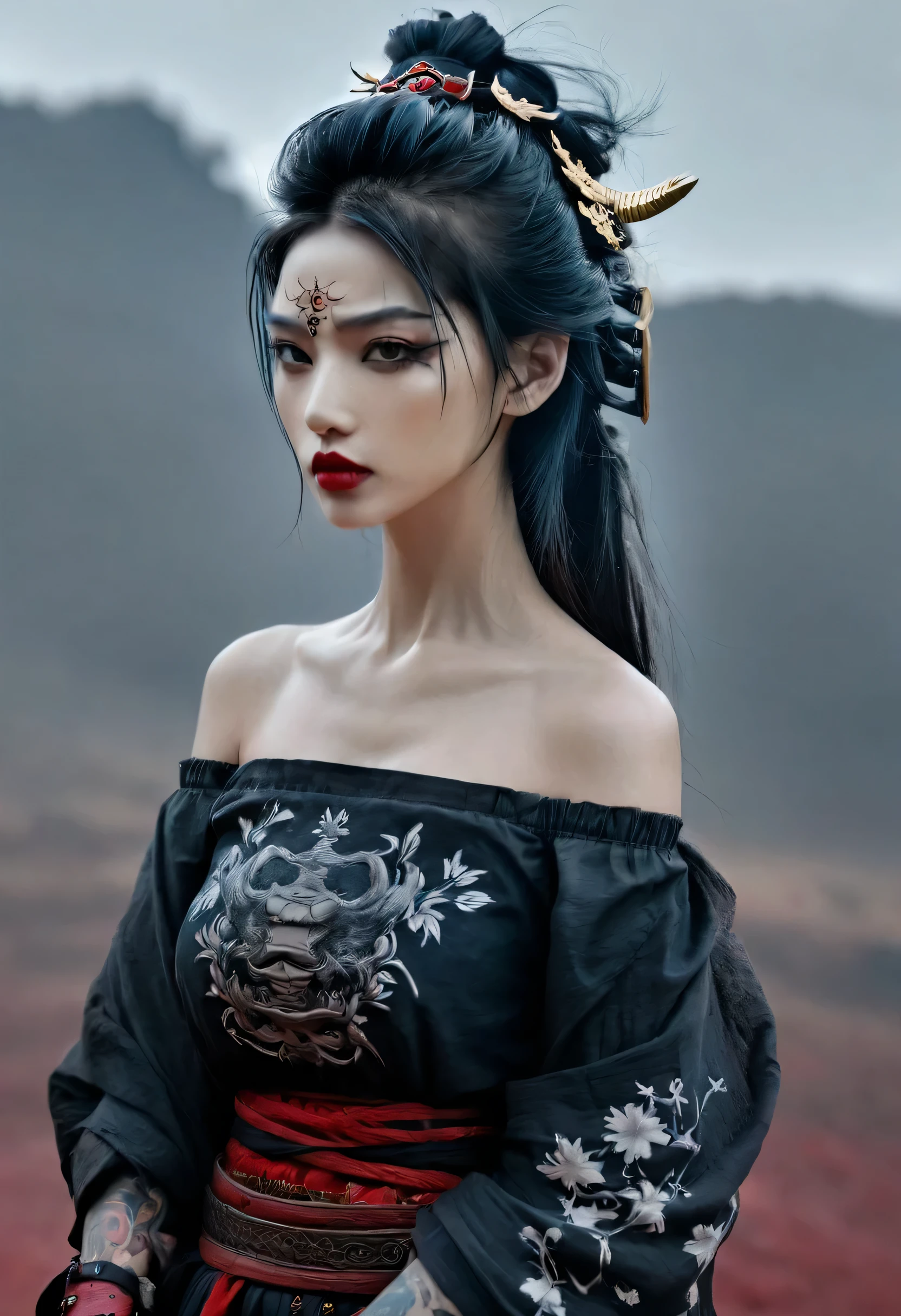 best quality, masterpiece, ultra high res, photorealistic, 1girl, offshoulder, a samurai girl half cyborg, gothic outfit, with tatto, red lip, full body, dynamic pose, gloomy battlefield background, dark fantasy, horror vibe. gogeous hairstyle, dreamy gothic girl