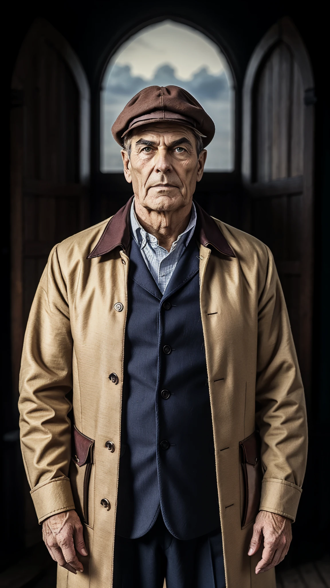 A middle-aged man, wearing a round felt hat, messy bangs, thick eyebrows, downturned triangular eyes, slender face, a fantasy ethnic-style multi-layered thick cotton padded jacket, a thickened collar design, coarse cloth trousers, his hands are clasped in front of him, he stands with his head bowed, the backdrop of a fantasy-style border outpost, this character embodies a finely crafted fantasy-style border nomadic people in anime style, exquisite and mature manga art style, mature male, high definition, best quality, highres, ultra-detailed, ultra-fine painting, extremely delicate, professional, perfect body proportions, golden ratio, anatomically correct, symmetrical face, extremely detailed eyes and face, high quality eyes, creativity, RAW photo, UHD, 32k, Natural light, cinematic lighting, masterpiece-anatomy-perfect, masterpiece:1.5