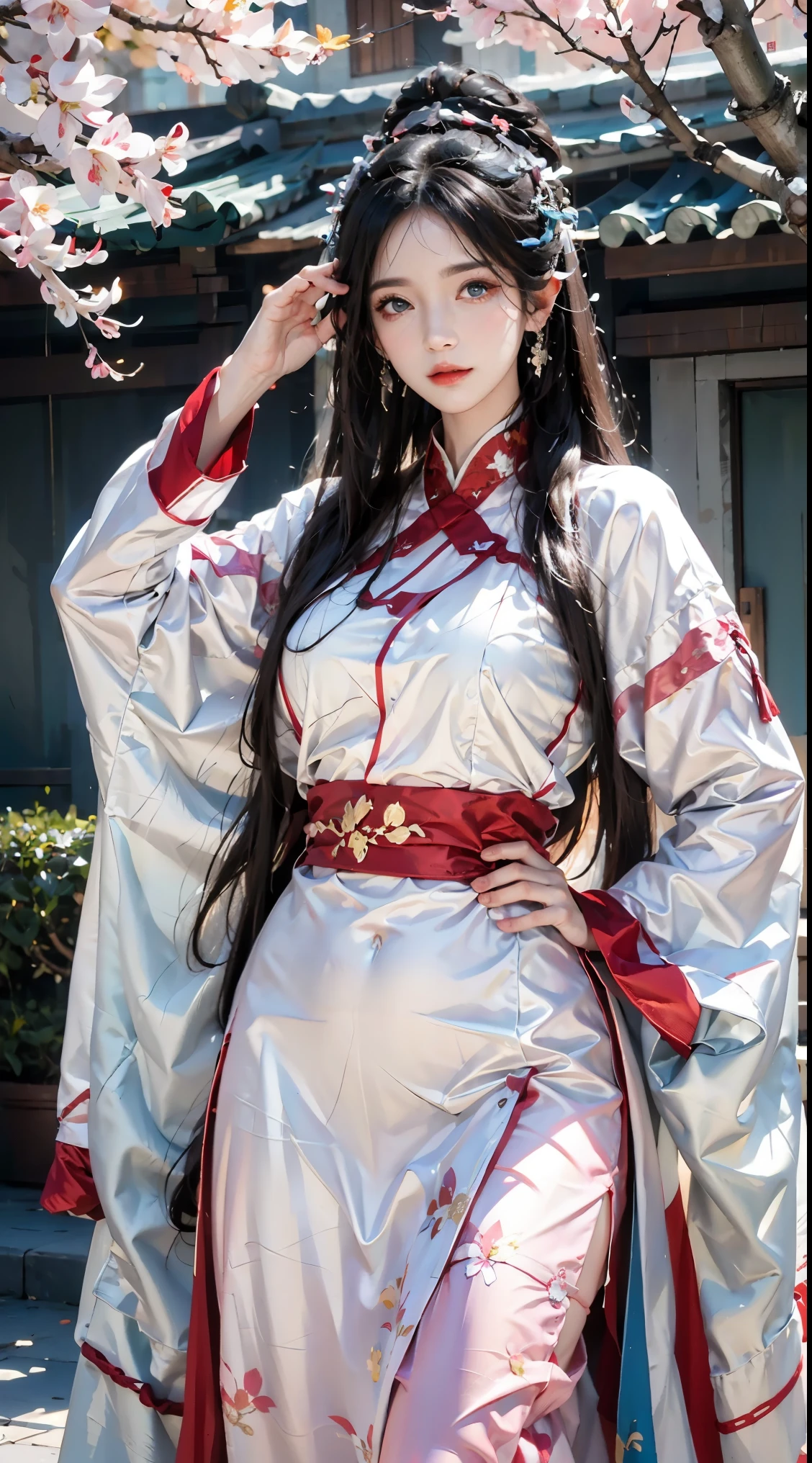 photorealistic, high resolution, 1women, shining skin, solo, jewelry, pink lips, long white hair, blue eyes, closed mouth, hips up, hanfu, cherry blossoms