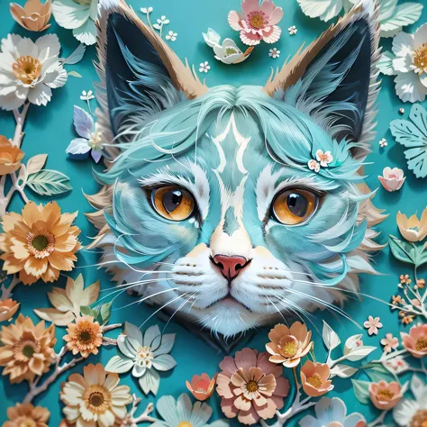 There is a cut-out cat with flowers on a blue background., Detailed painting by Zofia Strzyńska, Trend with poly count, fur art,...