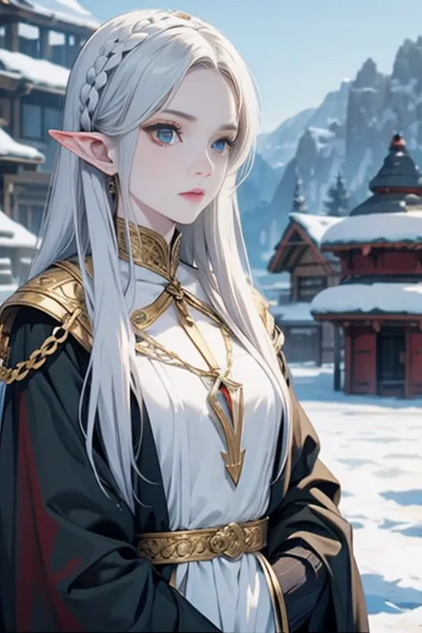 Pale skin, sophisticated, elf, winter armor, glaring at viewer, destroyed village,