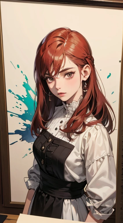 Uma pintura de uma mulher com cabelos grisalhos e uma blusa laranja, impressionante retrato de rosto de anime, linda pintura de personagem, lindo retrato de anime, her image is rendered with red ink, apresentando um efeito impressionante. The painting is very detailed, retratando rostos e roupas femininas. Seu rosto tem um efeito cremoso de gotejamento, which makes the whole face more vivid. Ela usa uma roupa linda e detalhada com cabelos grisalhos claros. The proportions are accurate, and the female characters&#39; costumes are traditionally dressed, showing a classic charm.