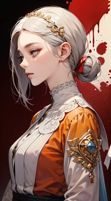 A painting of a woman with gray hair and an orange top, stunning anime face portrait, beautiful character painting, beautiful anime portrait, her image is rendered by red paint, presenting a stunning effect. The painting is very detailed, depicting women's faces and clothing. Her face has a creamy dripping effect, which makes the whole face more vivid. She wears a beautiful detailed outfit with pale gray hair. The proportions are accurate, and the costumes of the female characters are traditionally dressed, showing a classical charm.