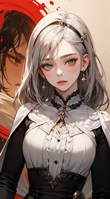 A painting of a woman with gray hair and an orange top, stunning anime face portrait, beautiful character painting, beautiful anime portrait, her image is rendered by red paint, presenting a stunning effect. The painting is very detailed, depicting women's faces and clothing. Her face has a creamy dripping effect, which makes the whole face more vivid. She wears a beautiful detailed outfit with pale gray hair. The proportions are accurate, and the costumes of the female characters are traditionally dressed, showing a classical charm.