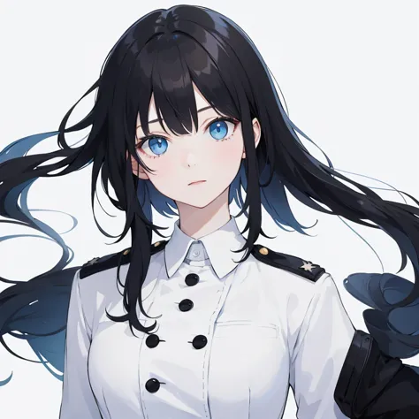 woman，Black Hair，blue eyes，Photo portrait，Pure white background