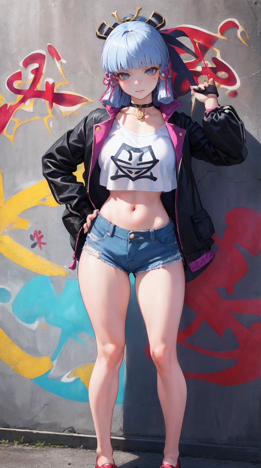 kamisato ayaka|genshin impact, master-piece, bestquality, 1girls, youthful, proportional body, elongated legs, Beautiful, proportional., crop top, Long Jeans, big breasts, ,bara, crop top, choker, (Graffiti:1.5), Splash with purple lightning pattern., arm behind back, against wall, View viewers from the front., Thigh strap, Head tilt, bored,(NSTDA.:1.2), (10, beste-Qualit, master-piece: 1.4), Beautiful red hair, ultra-high resolution, (lifelike, photorealistic portrait: 1.48), 20 age, Cute Girl, (Looking Through Crop Tops.), Famous Japanese actors, beautiful clear eyes, Head tilt, cowboy shot, from the front, looking at the audience, expressionless, Beautiful lake, Zeiss 150mm F/ 2.8 Hasselblad,  Whole body, foot, Ultra-Wide Angle,full body figure,full photo , head to toes full body , thighshighs wearing shoes, black blue patterns shoes,